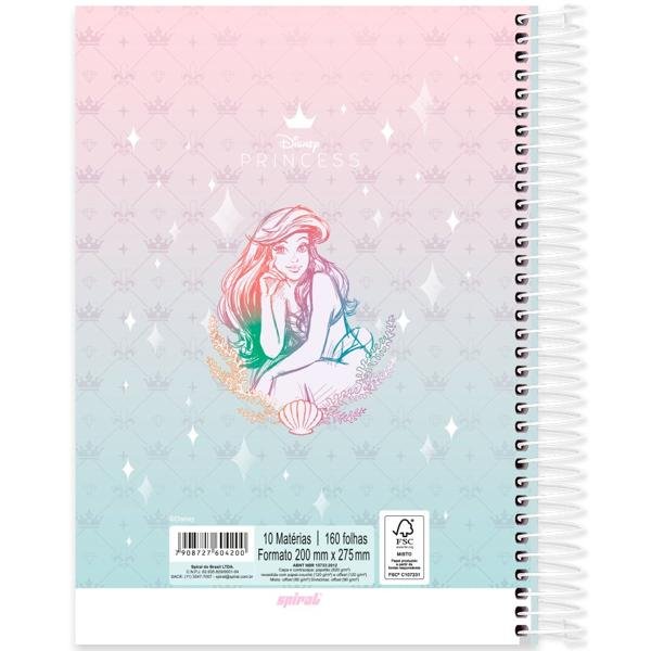 Caderno Universitário Capa Dura 10X1 160 Folhas Disney Princesas Ariel Spiral - PT 1 UN