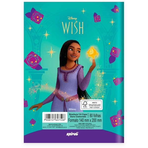 Caderno 1/4 Capa Dura Brochura Costurado 80 Folhas, Disney Wish Spiral - PT 1 UN