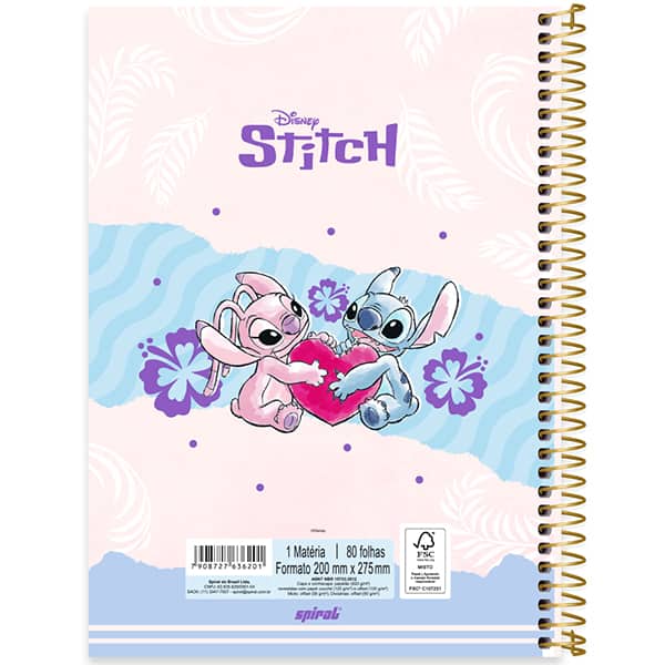 Caderno Universitário Capa Dura, 1 x 1, 80 Folhas, Stitch / Angel, 2636201, Spiral Ds - PT 1 UN