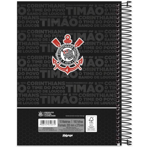 Caderno Universitário Capa Dura 10X1 160 Folhas Corinthians Spiral - PT 1 UN