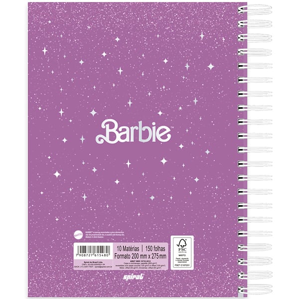 Caderno Universitário Capa Dura, 10 x 1, 150 Folhas, Barbie Premium, 2515480, Spiral Brb - PT 1 UN