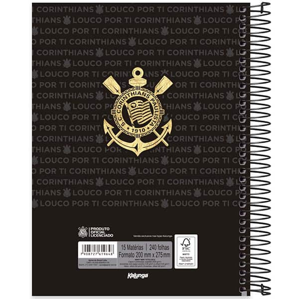 Caderno Universitário Capa Dura 15x1 240 Folhas Corinthians Spiral - PT 1 UN