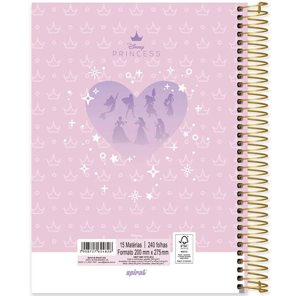 Caderno Universitário Capa Dura, 15 x 1, 240 Folhas, Princesas, 2524826, Spiral Pn - PT 1 UN