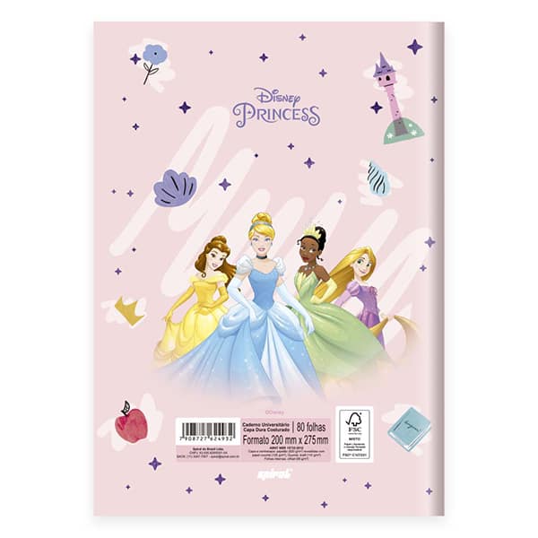 Caderno Universitário Capa Dura Brochura Costurado 80 Folhas Princesas Spiral - PT 1 UN