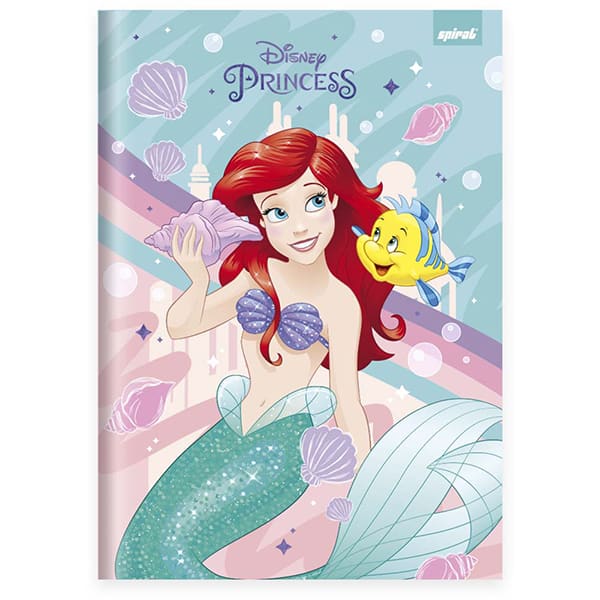 Caderno Universitário Capa Dura Brochura Costurado 80 Folhas Princesas Ariel Spiral - PT 1 UN