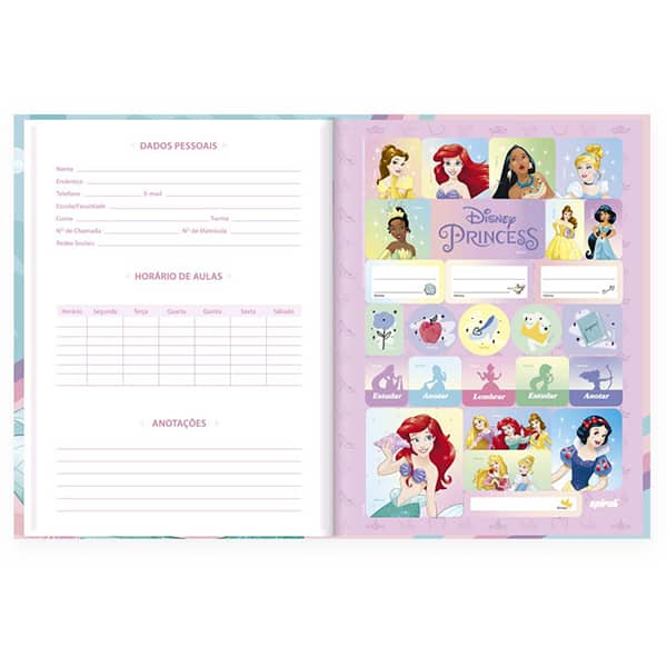 Caderno Universitário Capa Dura Brochura Costurado 80 Folhas Princesas Ariel Spiral - PT 1 UN