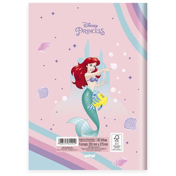 Caderno Universitário Capa Dura Brochura Costurado 80 Folhas Princesas Ariel Spiral - PT 1 UN