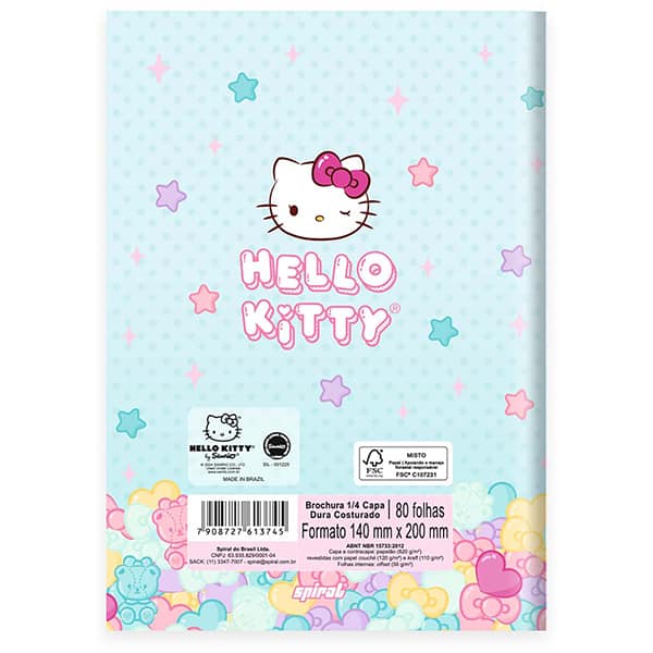 Caderno 1/4 costurado capa dura, 1 matéria, 80 folhas, Hello Kitty, 2513745, Spiral Hki - PT 1 UN