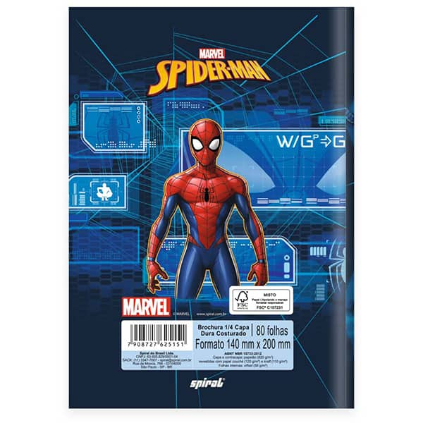 Caderno 1/4 costurado capa dura, 1 matéria, 80 folhas, Homem Aranha, 2525151, Spiral Mha - PT 1 UN