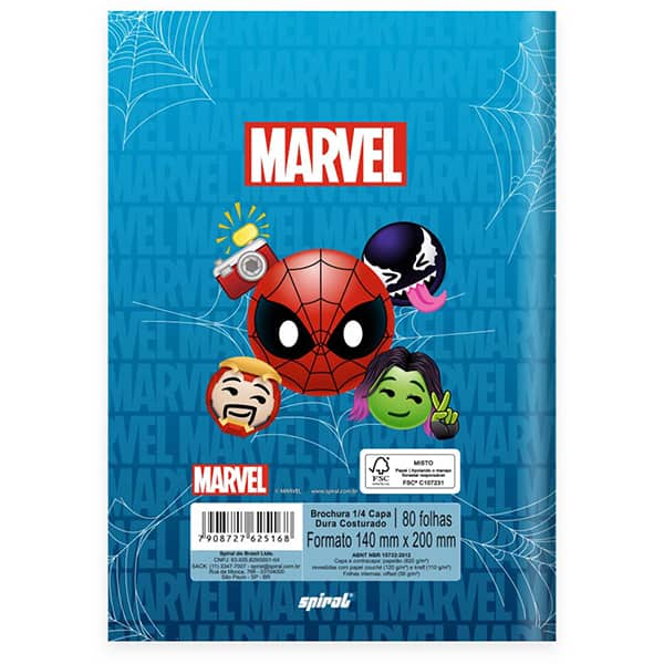 Caderno 1/4 costurado capa dura, 1 matéria, 80 folhas, Marvel Emoji, 2525168, Spiral Mve - PT 1 UN