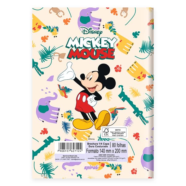 Caderno 1/4 costurado Capa Dura 1 matéria 80 Folhas Mickey Disney Clássico Spiral - PT 1 UN