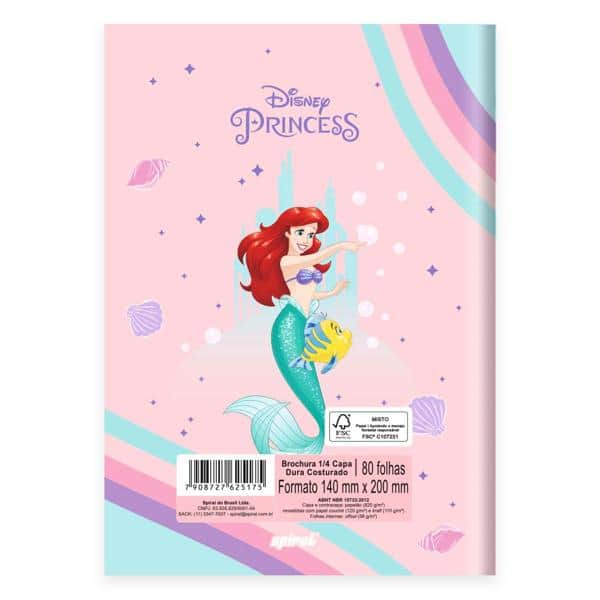 Caderno 1/4 costurado capa dura, 1 matéria, 80 folhas, Princesas, Ariel, 2525175, Spiral Pn - PT 1 UN