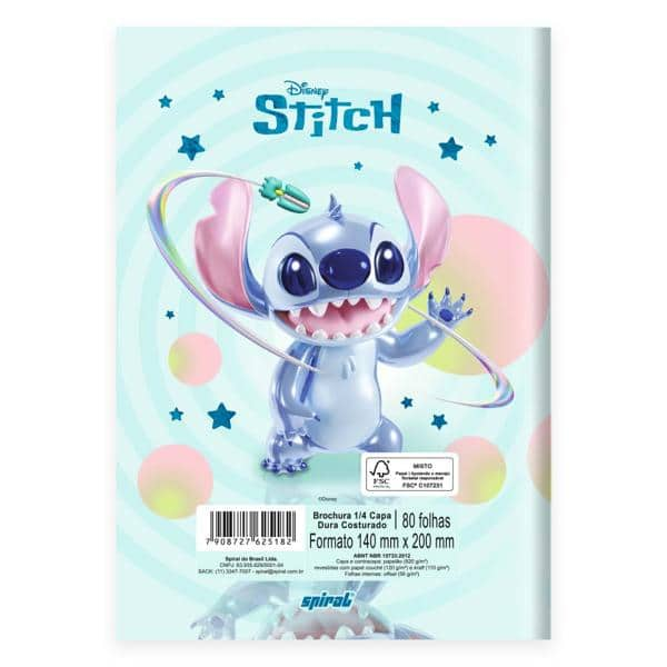 Caderno 1/4 costurado Capa Dura 1 matéria 80 Folhas Stitch Disney Spiral - PT 1 UN