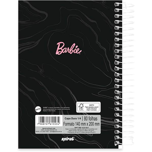 Caderno 1/4 espiral capa dura, 1 matéria, 80 folhas, Barbie, 2515534, Spiral Brb - PT 1 UN