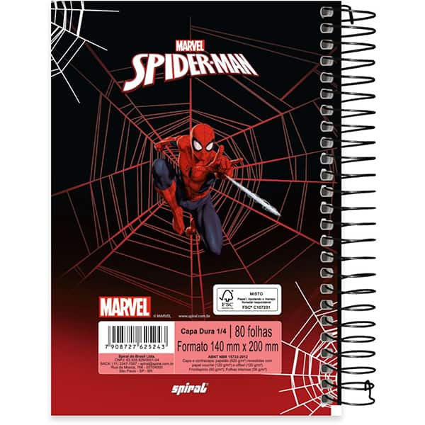 Caderno 1/4 espiral capa dura, 1 matéria, 80 folhas, Homem Aranha, 2525243, Spiral Mha - PT 1 UN