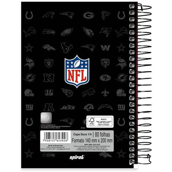 Caderno 1/4 espiral capa dura, 1 matéria, 80 folhas, NFL, 2523928, Spiral NFL - PT 1 UN