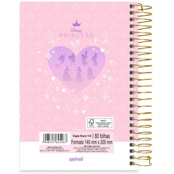 Caderno 1/4 espiral capa dura, 1 matéria, 80 folhas, Princesas, 2525267, Spiral Pn - PT 1 UN