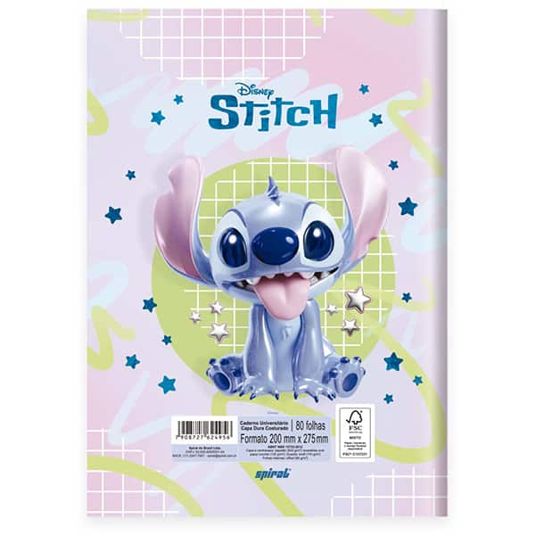 Caderno Universitário Capa Dura Brochura Costurado 80 Folhas Stitch Disney Spiral - PT 1 UN