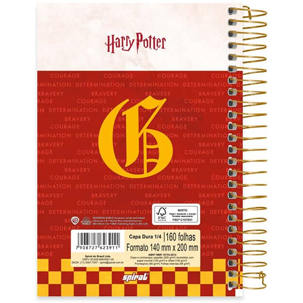 Caderno 1/4 espiral capa dura, 160 folhas, Harry Potter, Grifinória, 2523911, Spiral Hpt - PT 1 UN