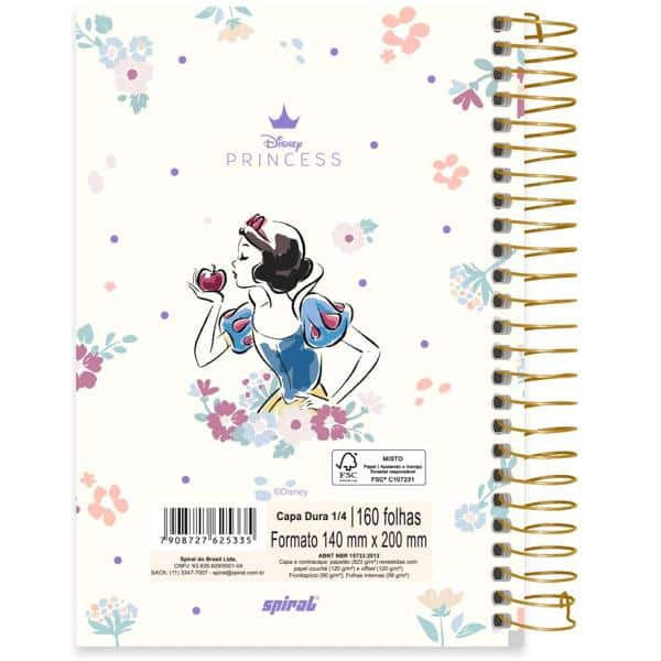 Caderno 1/4 espiral capa dura, 160 folhas, Princesas, Branca de Neve, 2525335, Spiral Pn - PT 1 UN