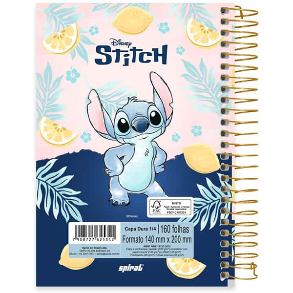 Caderno 1/4 espiral Capa Dura 160 Folhas Stitch Disney Spiral - PT 1 UN