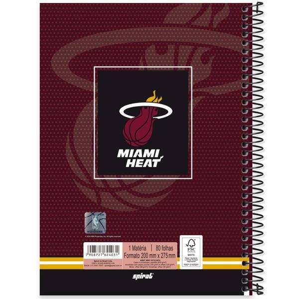 Caderno Universitário Capa Dura, 1 x 1, 80 Folhas, NBA, Miami Heat, 2524031, Spiral NBA - PT 1 UN