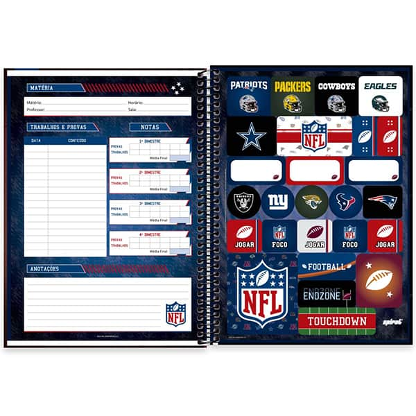 Caderno Universitário Capa Dura, 1 x 1, 80 Folhas, NFL, 2521320, Spiral NFL - PT 1 UN