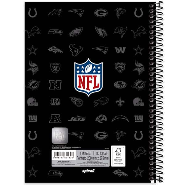 Caderno Universitário Capa Dura, 1 x 1, 80 Folhas, NFL, 2521320, Spiral NFL - PT 1 UN