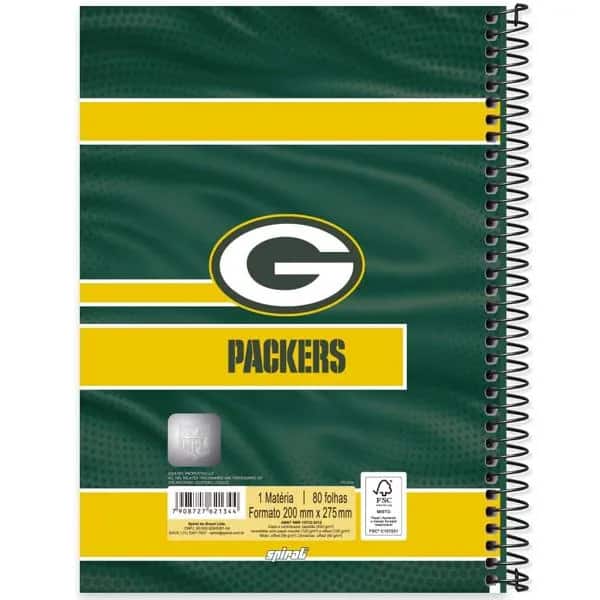 Caderno Universitário Capa Dura, 1 x 1, 80 Folhas, NFL, Green Bay Packers, 2521344, Spiral NFL - PT 1 UN