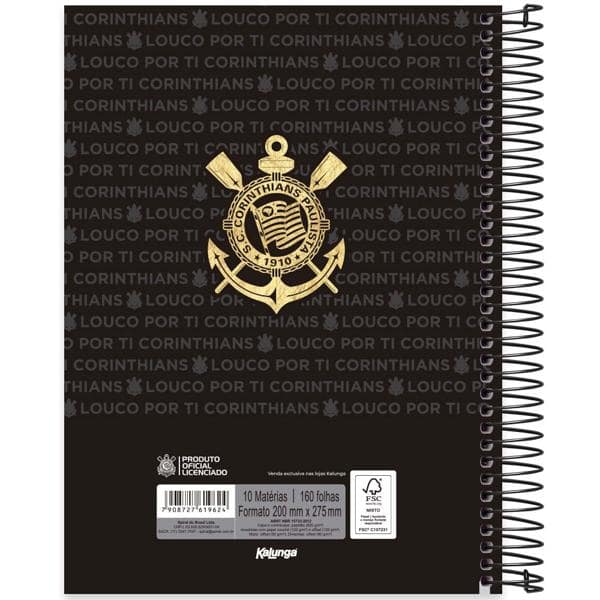 Caderno Universitário Capa Dura 10x1 160 Folhas Corinthians Spiral - PT 1 UN