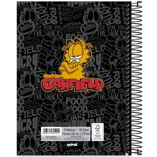 Caderno Universitário Capa Dura, 10 x 1, 160 Folhas, Garfield, 2515411, Spiral Gar - PT 1 UN