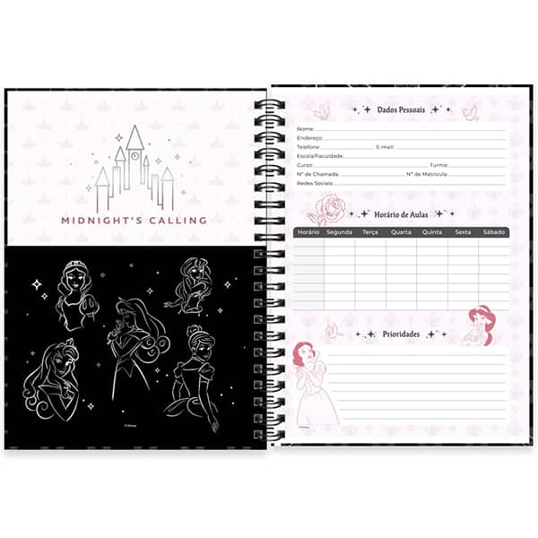 Caderno Universitário Capa Dura, 1 x 1, Princesas Premium, 2524543, Spiral Dpp - PT 1 UN