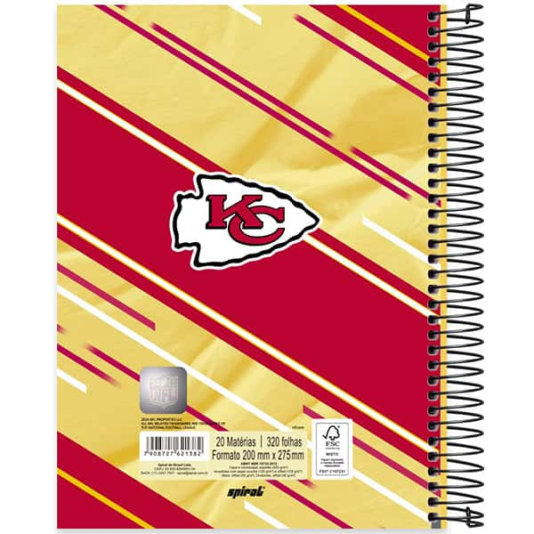 Caderno Universitário Capa Dura, 20 x 1, 320 Folhas, NFL Chiefs, 2521382, Spiral NFL - PT 1 UN