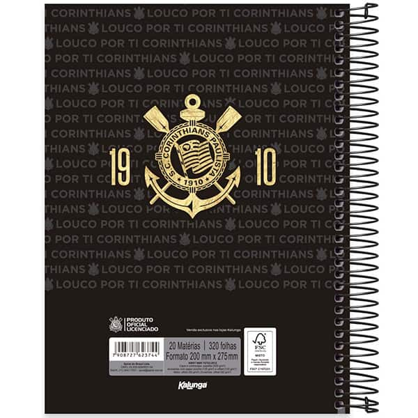 Caderno Universitário Capa Dura, 20 x 1, 320 Folhas, Corinthians, 2523744, Spiral Sccp - PT 1 UN