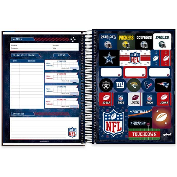 Caderno Universitário Capa Dura, 10 x 1, 160 Folhas, NFL, 2521351, Spiral NFL - PT 1 UN