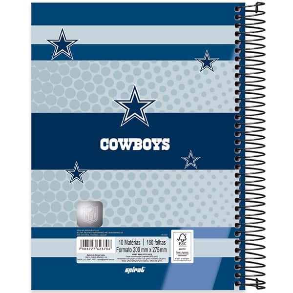 Caderno Universitário Capa Dura, 10 x 1, 160 Folhas, NFL, Dallas Cowboys, 2523706, Spiral NFL - PT 1 UN