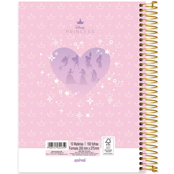 Caderno Universitário Capa Dura, 10 x 1, 160 Folhas, Princesas, 2524659, Spiral Pn - PT 1 UN