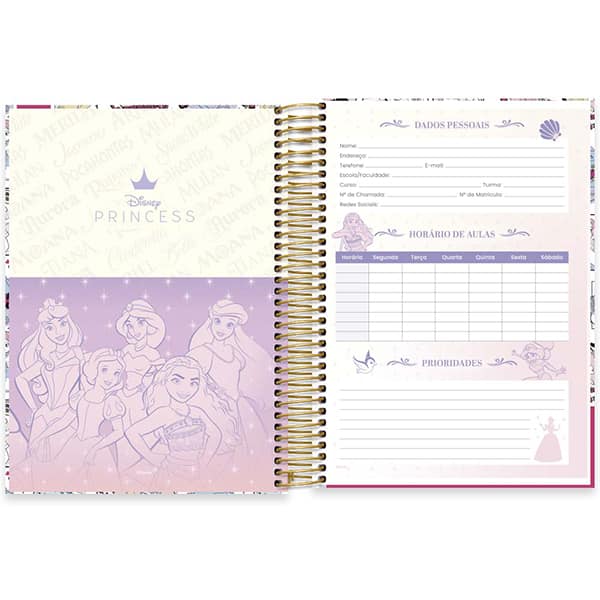 Caderno Universitário Capa Dura, 10 x 1, 160 Folhas, Princesas, 2524673, Spiral Pn - PT 1 UN