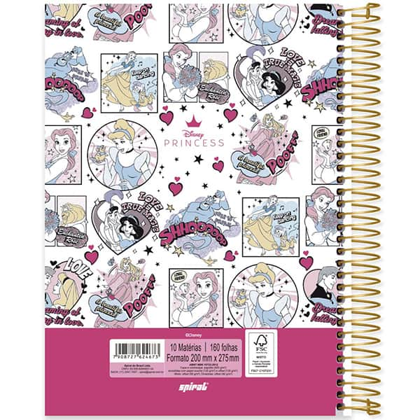 Caderno Universitário Capa Dura, 10 x 1, 160 Folhas, Princesas, 2524673, Spiral Pn - PT 1 UN