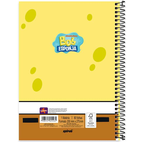 Caderno Universitário Capa Dura, 1 x 1, 80 Folhas, Bob Esponja, 2525465, Spiral Bob - PT 1 UN