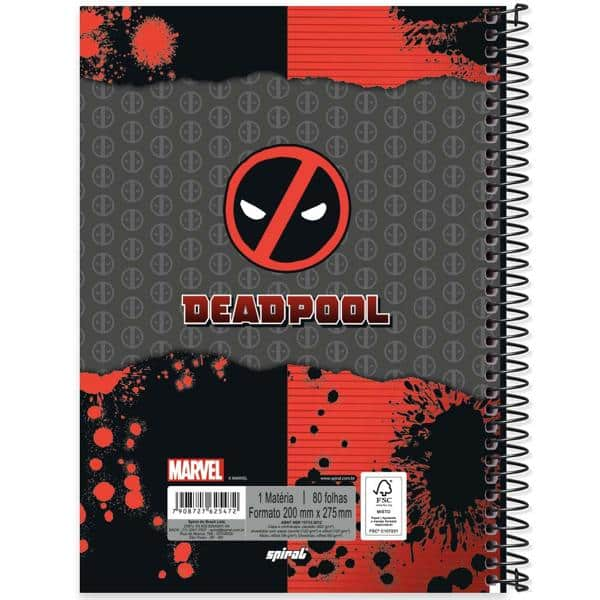 Caderno Universitário Capa Dura, 1 x 1, 80 Folhas, Deadpool, 2525472, Spiral Dea - PT 1 UN