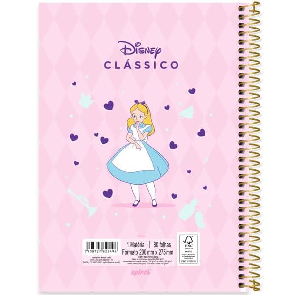 Caderno Universitário Capa Dura 1x1 80 Folhas Disney Clássicos Alice no país das maravilhas Spiral - PT 1 UN