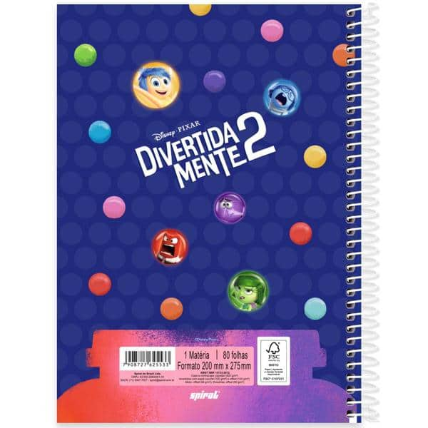 Caderno Universitário Capa Dura 1x1 80 Folhas Divertidamente Disney Spiral - PT 1 UN