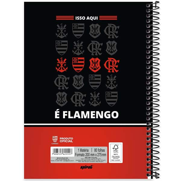 Caderno Universitário Capa Dura, 1 x 1, 80 Folhas, Flamengo, 2525557, Spiral Fla - PT 1 UN