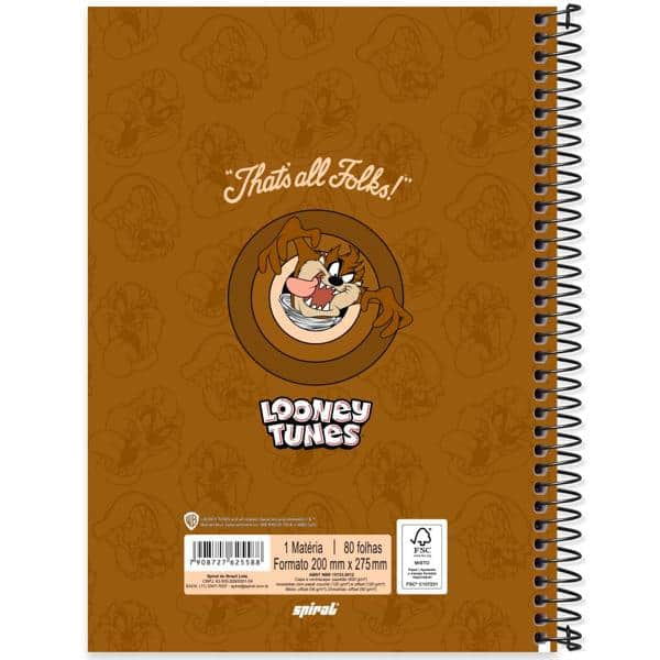 Caderno Universitário Capa Dura, 1 x 1, 80 Folhas, Looney Tunes, Taz, 2525588, Spiral Lt - PT 1 UN