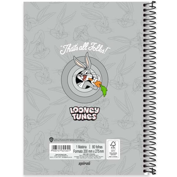 Caderno Universitário Capa Dura, 1 x 1, 80 Folhas, Looney Tunes, Pernalonga, 2525601, Spiral Lt - PT 1 UN