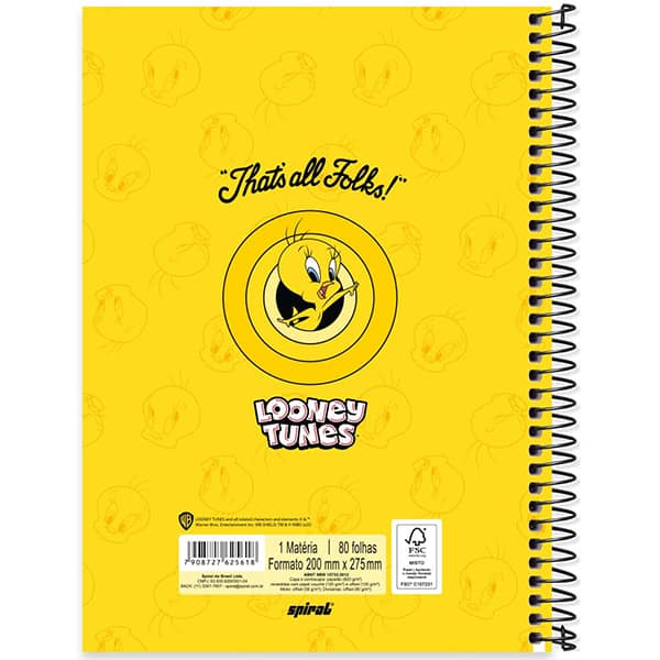 Caderno Universitário Capa Dura, 1 x 1, 80 Folhas, Looney Tunes, Piu Piu, 2525618, Spiral Lt - PT 1 UN