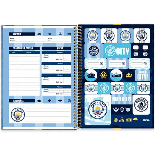 Caderno Universitário Capa Dura, 1x1 80fls, Manchester City, 2525625, Spiral Mc - PT 1 UN