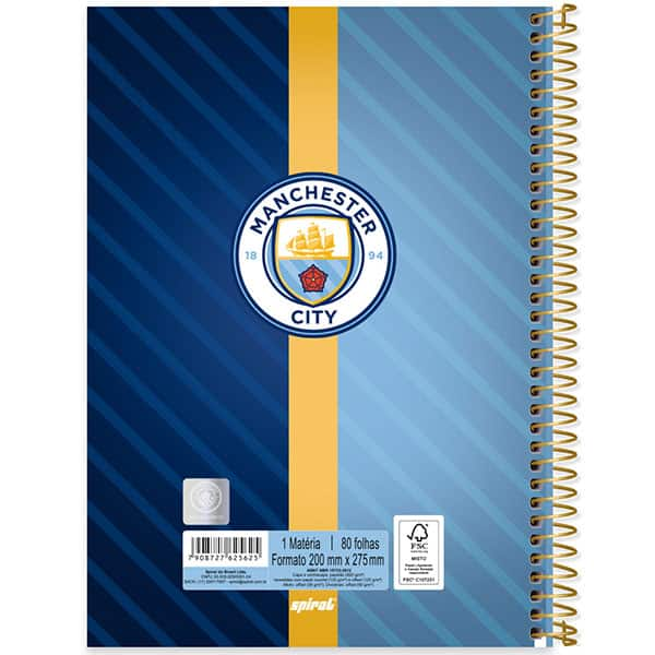 Caderno Universitário Capa Dura, 1x1 80fls, Manchester City, 2525625, Spiral Mc - PT 1 UN