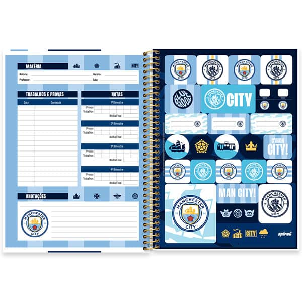 Caderno Universitário Capa Dura, 1 x 1, 80 Folhas, Manchester City, 2525632, Spiral Mc - PT 1 UN